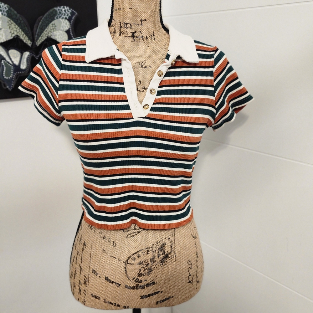 Striped Rib-Knit Polo Crop Top - Rust/Green/White